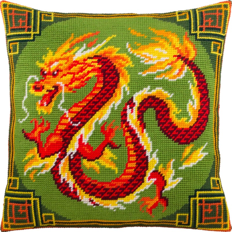 Brvsk Oriental Embroidery Kit for Adults and Beginners â€” Chinese Dragon 16â€³â€‰Ã—â€‰16â€³ with Clear, Precise Printed Design on Cotton Canvas; Includes 2 Needles, Yarn, and Easy-Read Chart - Image 1